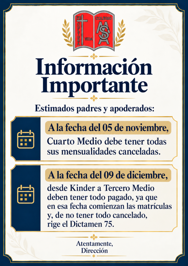 Aviso escolar institucional en azul y dorado